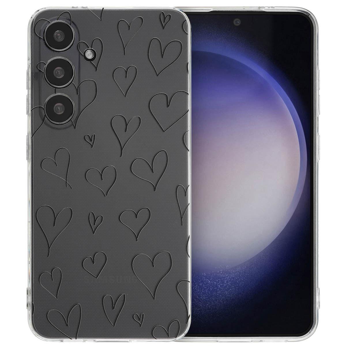 Een doorzichtige telefoonhoes met een hartjespatroon. Een telefoon staat rechts.