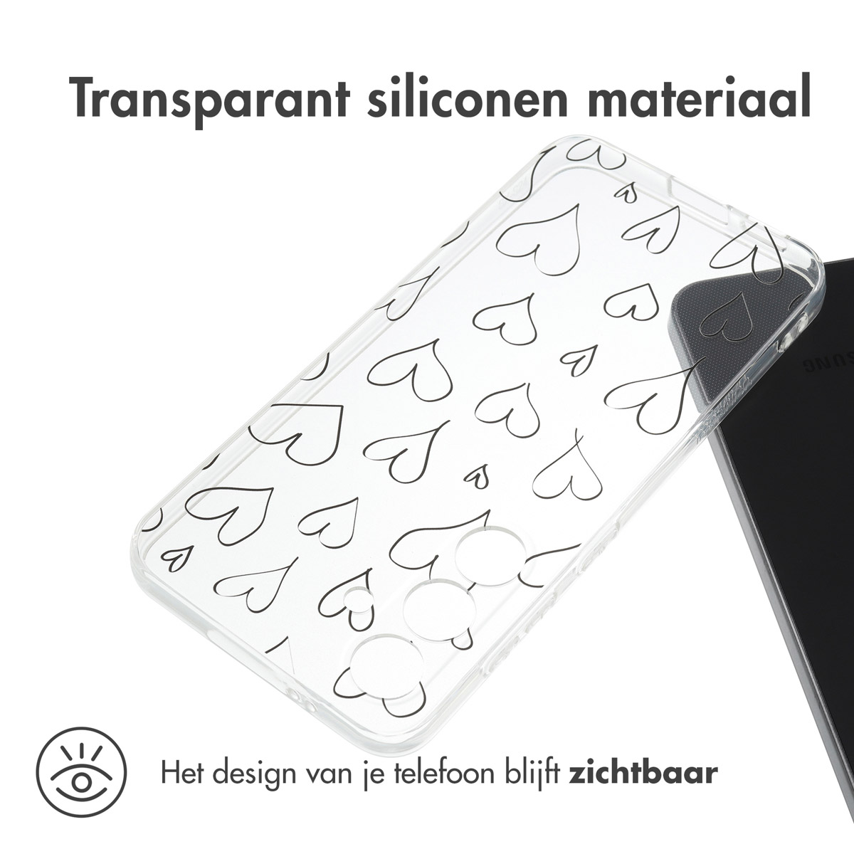 Transparante telefoonhoes met een hartjespatroon. Telefoon is zichtbaar. De hoes is transparant.