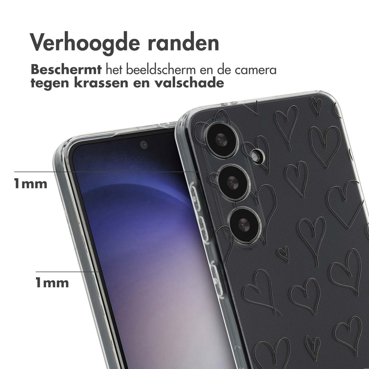 Telefoon in een hoesje met hartjes. Tekst luidt: Verhoogde randen beschermen het scherm en de camera tegen schade.