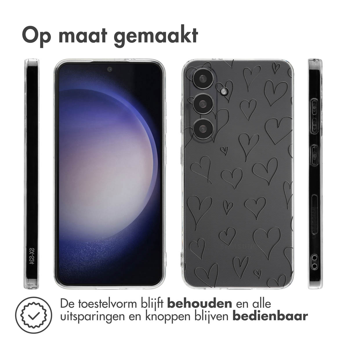 Telefoonhoes met hartjespatroon en opstaande randen. De telefoon zit erin.