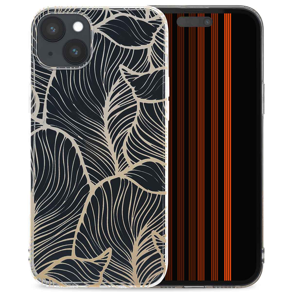 Telefoonhoesje met een bloemenmotief. De hoes is zwart met goudkleurige bladeren.