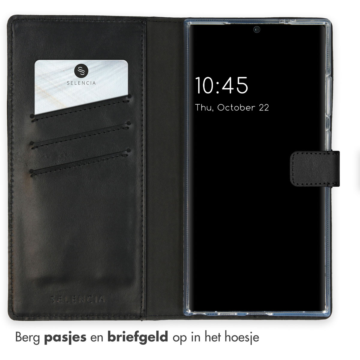 Geöffnete schwarze Handyhülle mit einem Telefon darin, das den Bildschirm zeigt. Text: Karten und Bargeld verstauen.