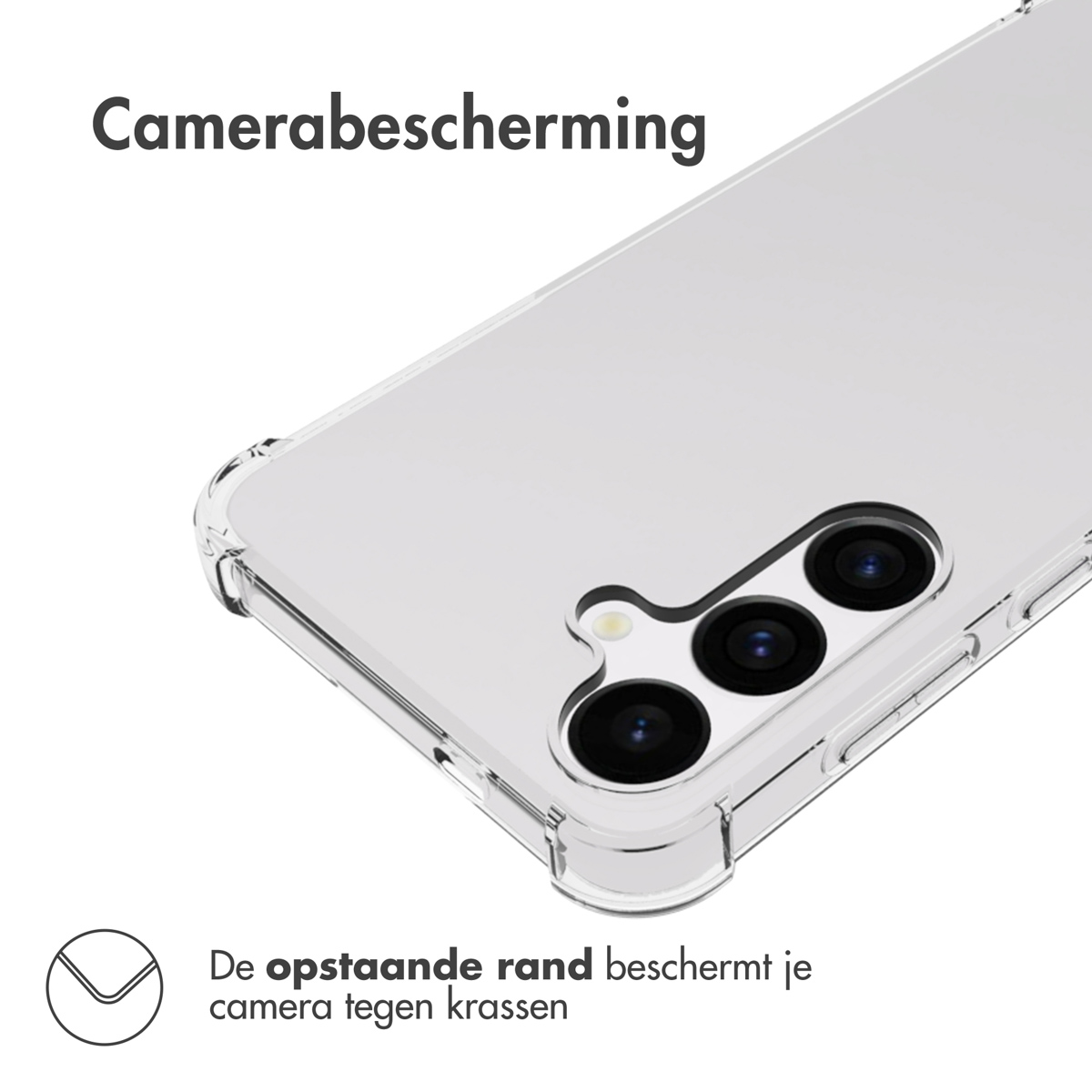 Transparante telefoonhoes met camerabescherming. Close-up van het camera-gedeelte met zichtbare zijkanten.
