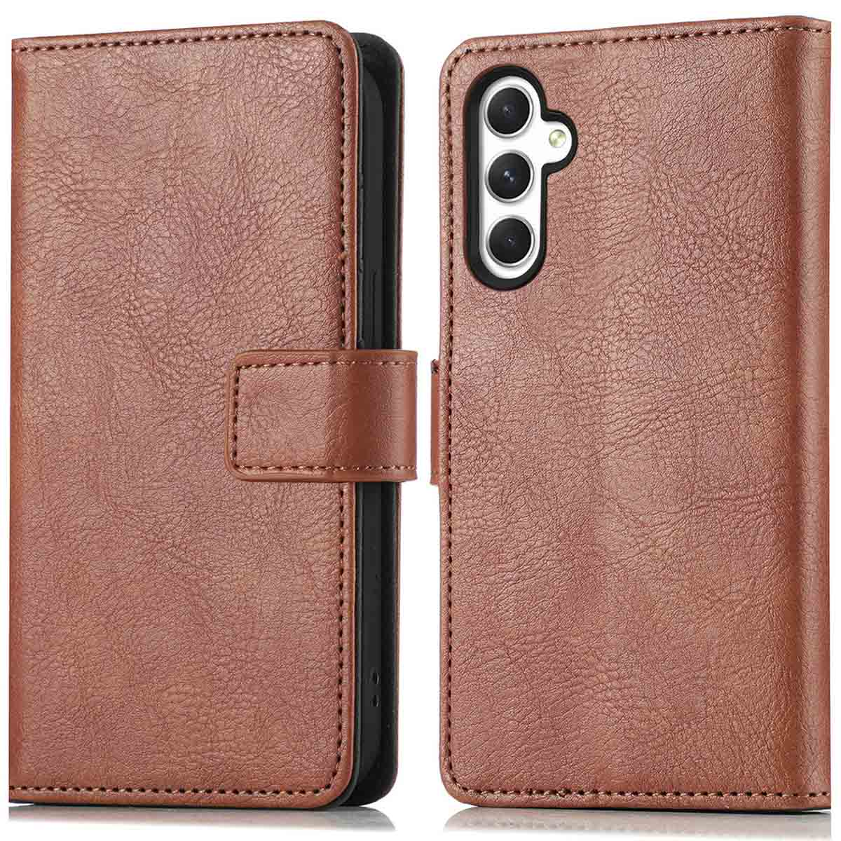 Étui de téléphone en cuir marron. L'étui est fermé. L'arrière de l'étui a la caméra visible.