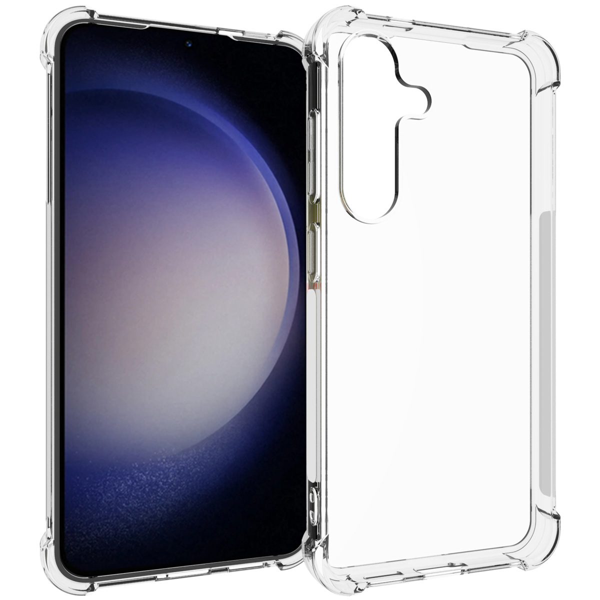 Coque de téléphone transparente sur un téléphone. Les côtés du téléphone et de la coque sont visibles.