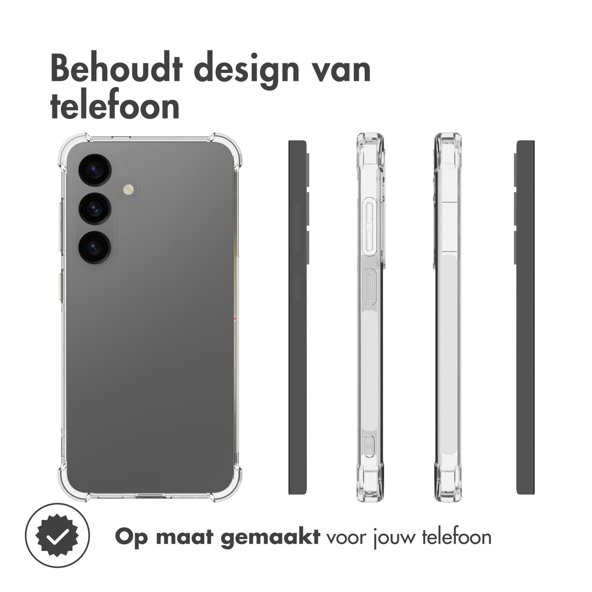 Trois coques de téléphone et un téléphone. Les coques sont transparentes et noires. Le téléphone est gris.
