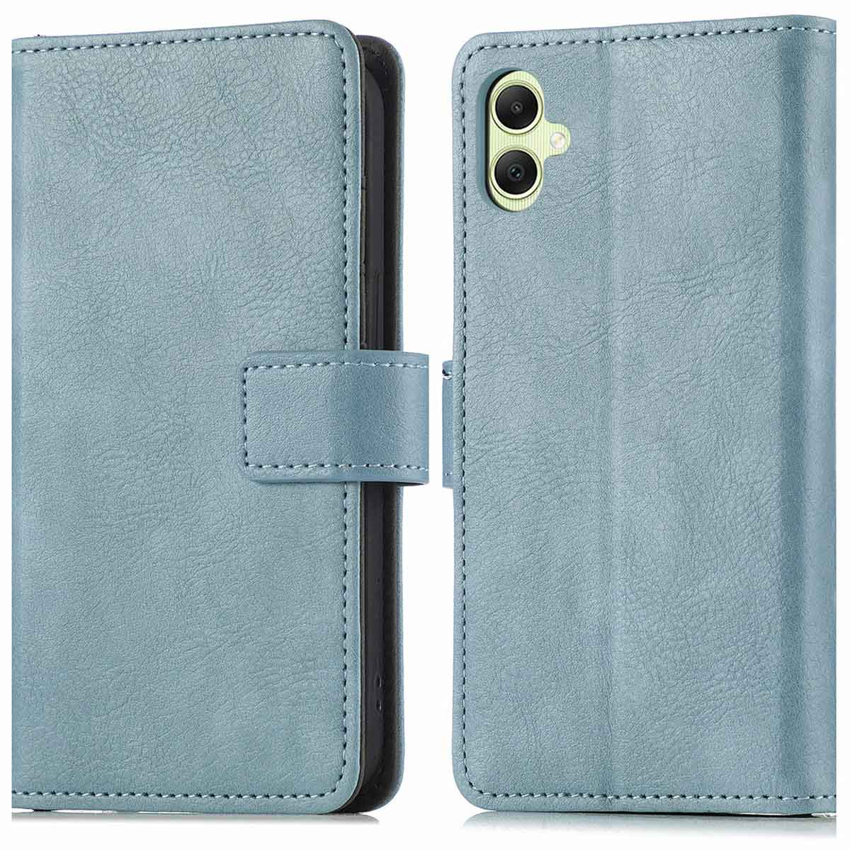 Een telefoonhoesje, blauw van kleur, opengeklapt. Binnenin een telefoon, buiten de camera.