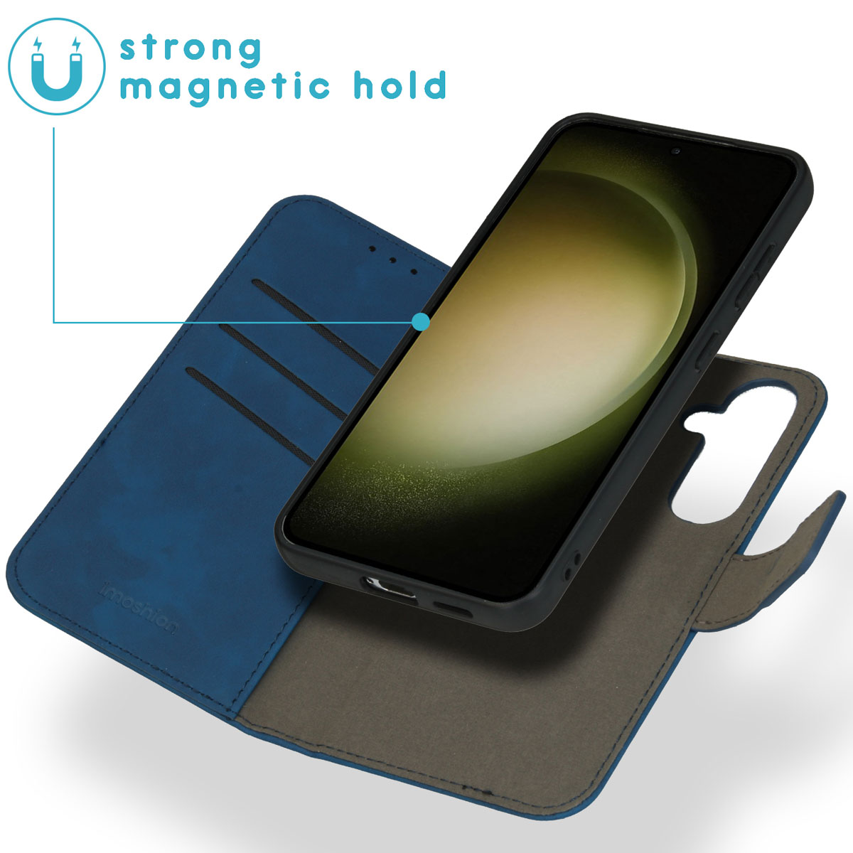 Telefoonportemonnee, blauw, gesloten en open. Telefoon binnenin. Sterke magnetische sluiting wordt getoond.