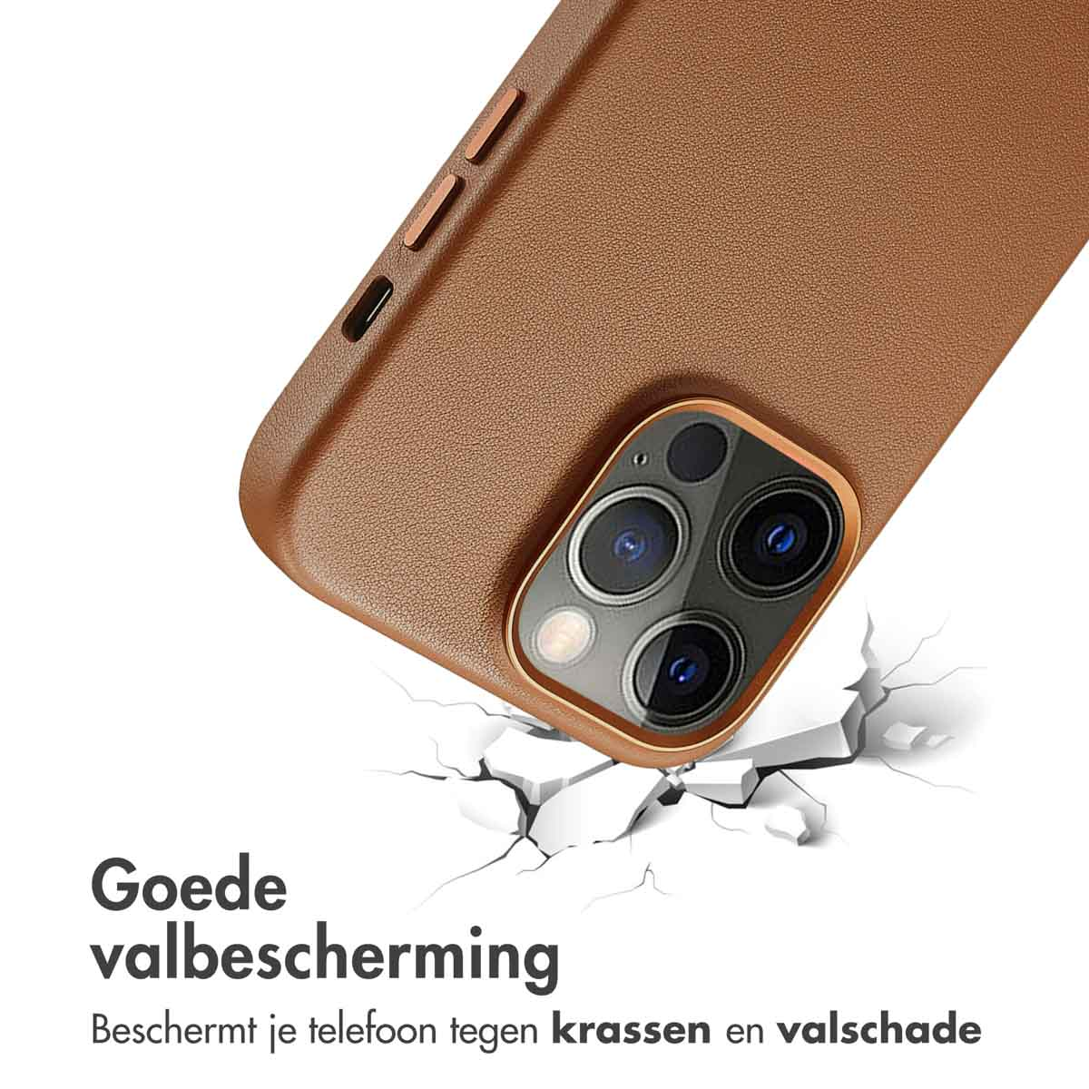 Bruine telefoonhoes, die bescherming toont. Witte lijnen geven scheuren aan, de telefoon is veilig.