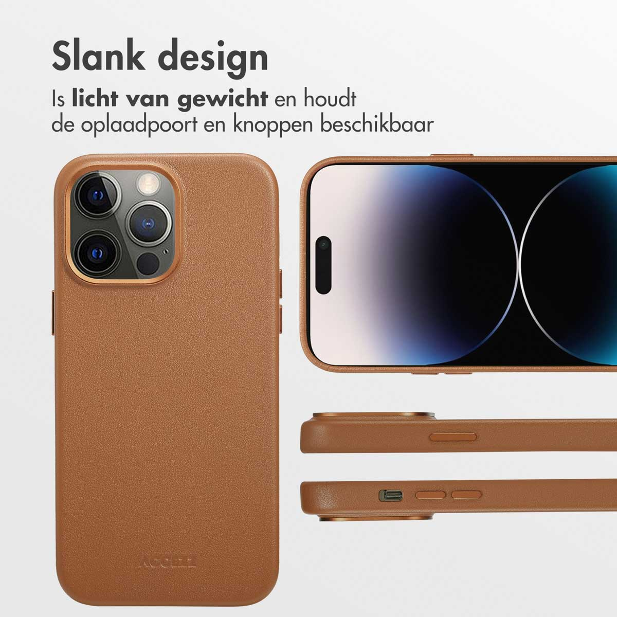 Bruine telefoonhoes met een telefoon erin. De telefoon staat rechts, met een bruine hoes.