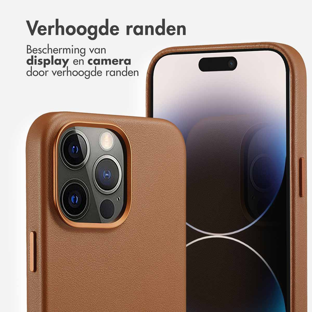 Bruine leren telefoonhoes met gouden rand. Biedt bescherming voor de camera en het telefoonscherm.
