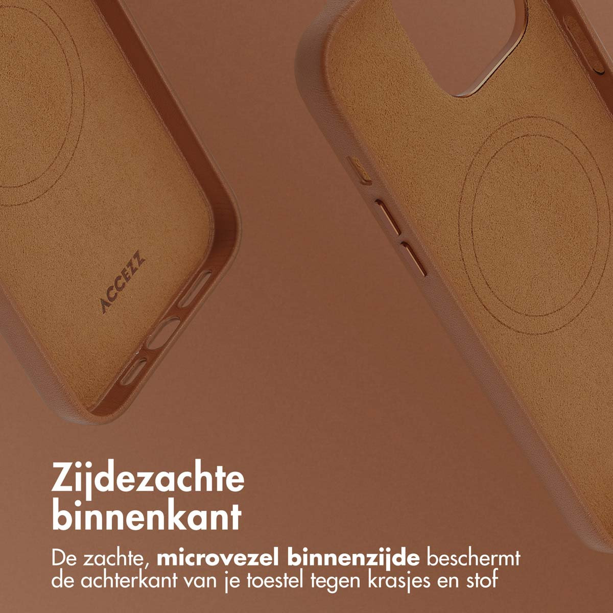 Bruine telefoonhoes. Close-up van de binnenkant. Tekst: Zachte binnenkant. Beschermt tegen krassen.