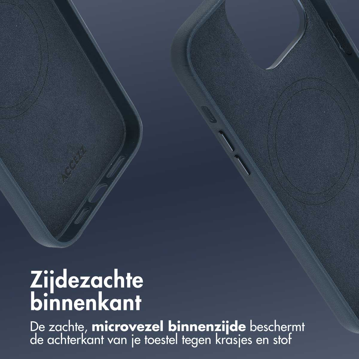 Twee close-up beelden van een donkerblauwe telefoonhoes, die de binnenkant en rand laten zien.