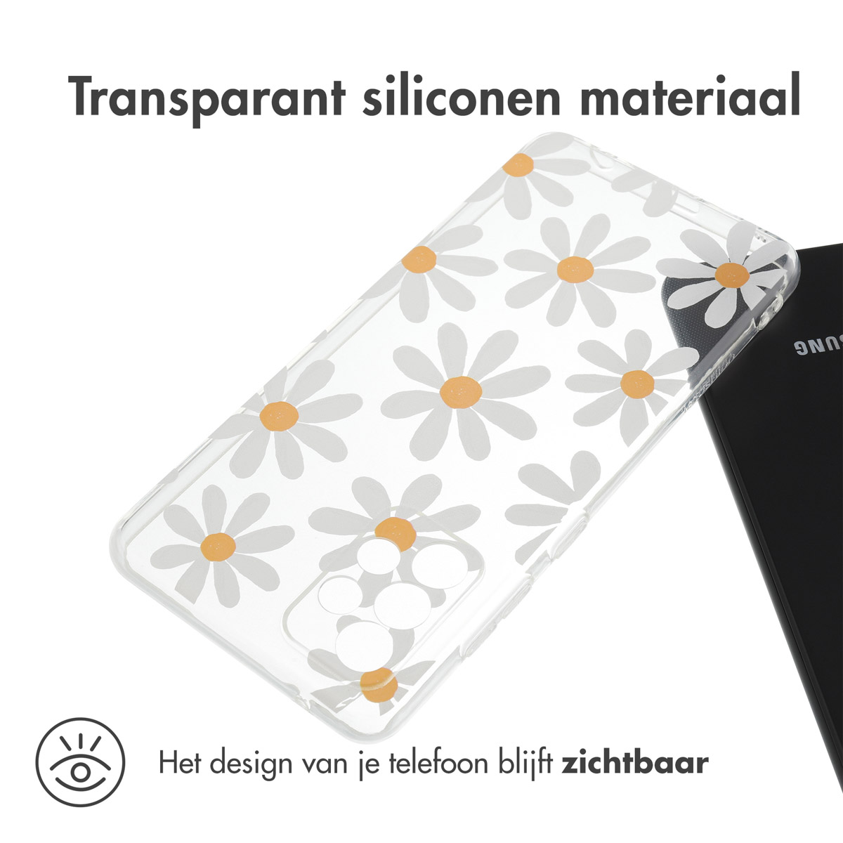 Custodia trasparente con design a margherite bianche. Un telefono è visibile all'interno.