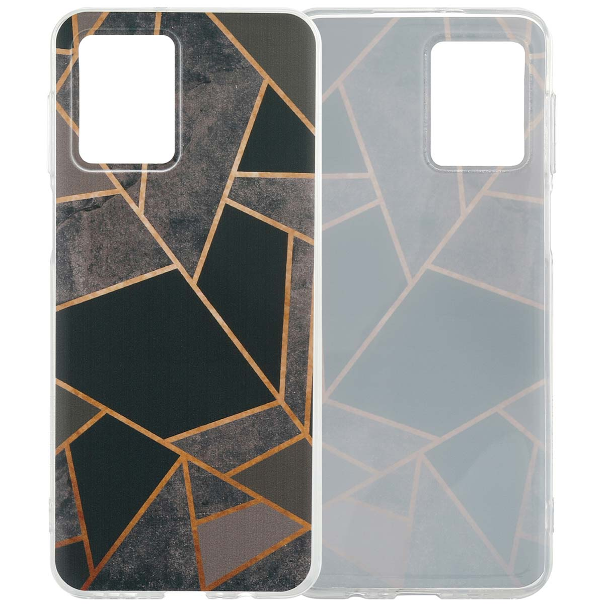 Transparante telefoonhoes, geometrisch design. Grijze, zwarte en gouden driehoeken. Telefoon erin. Hoes beschermt de telefoon.