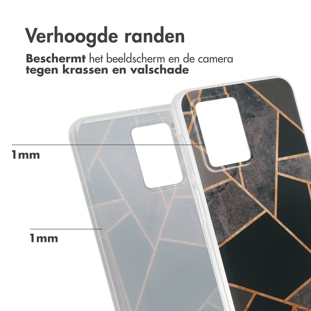 Close-up van telefoonhoesjes. Transparante hoes links, zwarte hoes rechts. Beide hebben verhoogde randen.