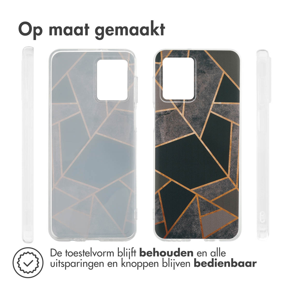 Telefoonhoes, voor- en achterkant. Met patroon. Tekst: Op maat gemaakt. Alle uitsparingen zijn toegankelijk.