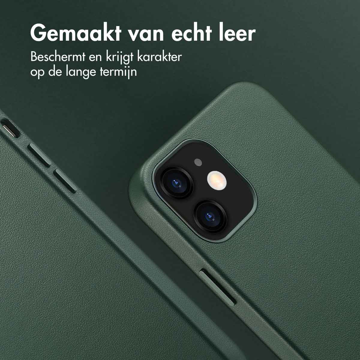 Groene telefoonhoes van leer. Close-up van telefoon met camera. Tekst benadrukt leer kwaliteit.