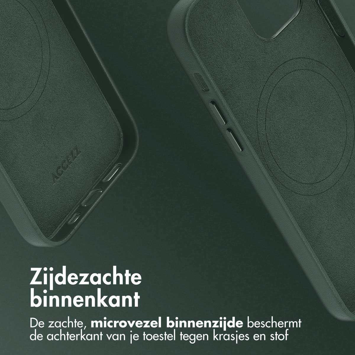 Donkergroene telefoonhoes met een zwart interieur. De binnenkant is zacht.