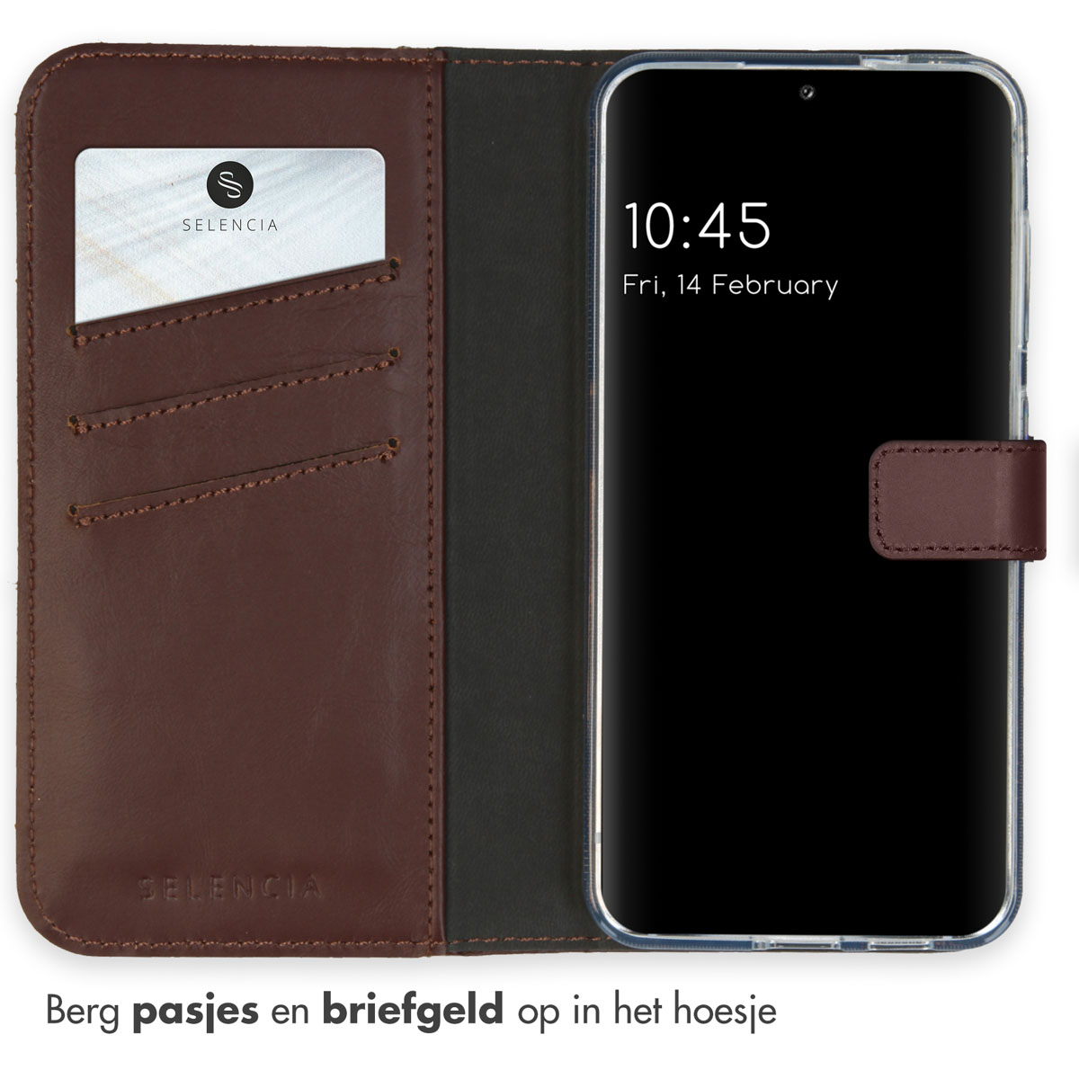 Bruin leren telefoonhoesje, open. Toont kaarten en telefoon met tijd 10:45.