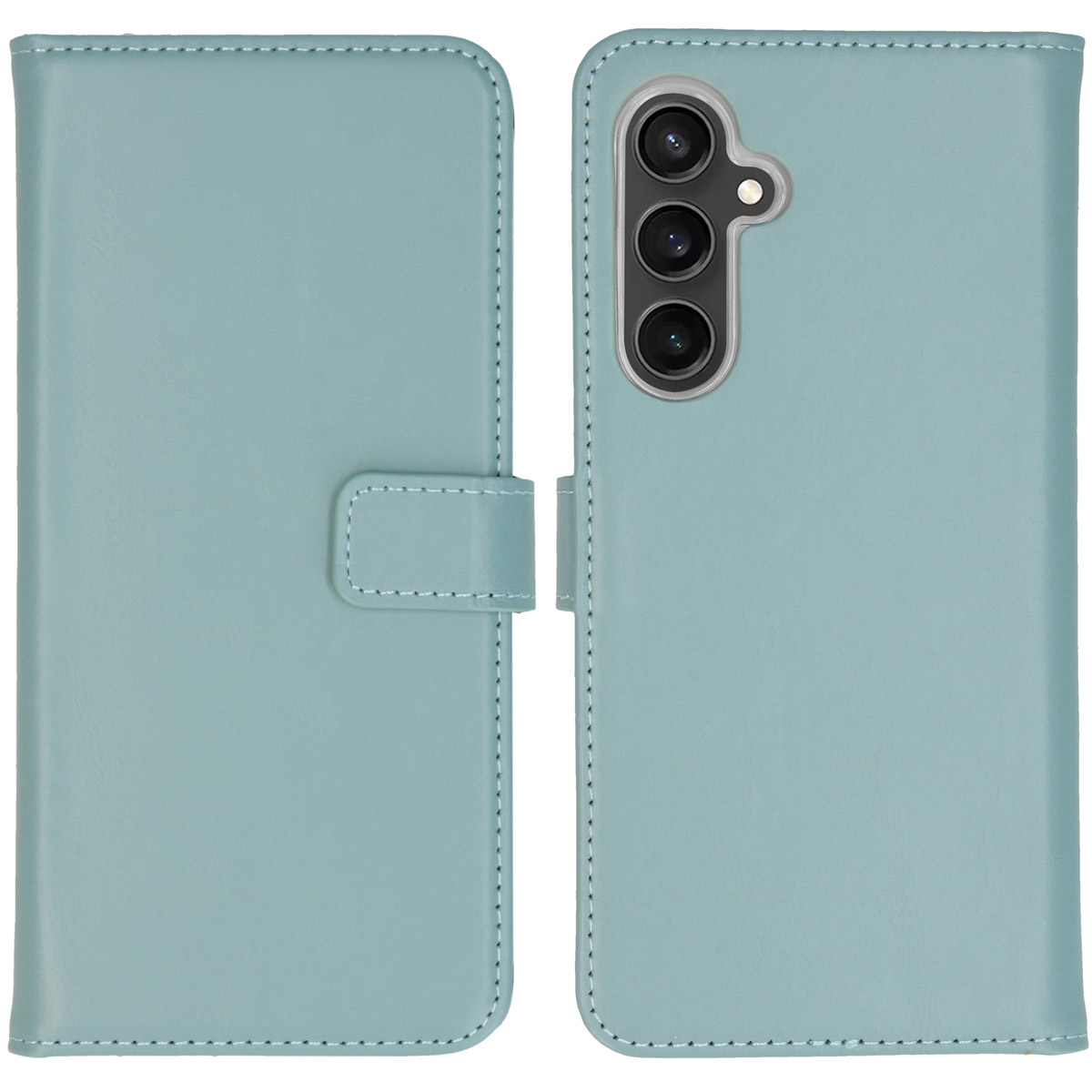 Coque de téléphone bleu clair ouverte. La coque est ouverte. Téléphone avec caméra visible.