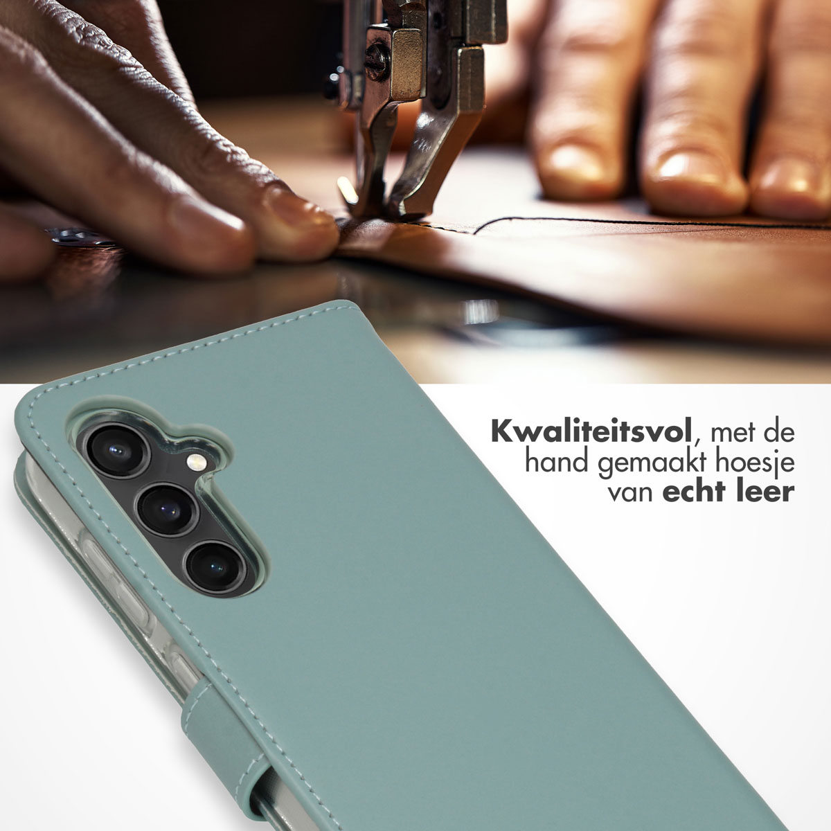 Couture à la main d'un étui de téléphone en cuir. L'étui est bleu clair.
