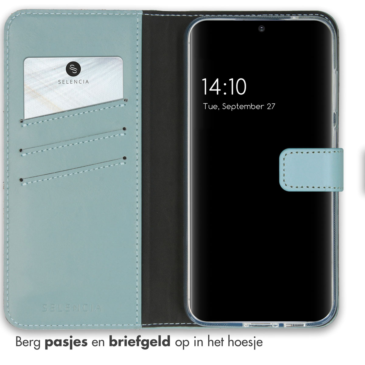 Étui portefeuille ouvert, avec carte de crédit et espèces à l'intérieur. Cuir bleu, téléphone à droite.