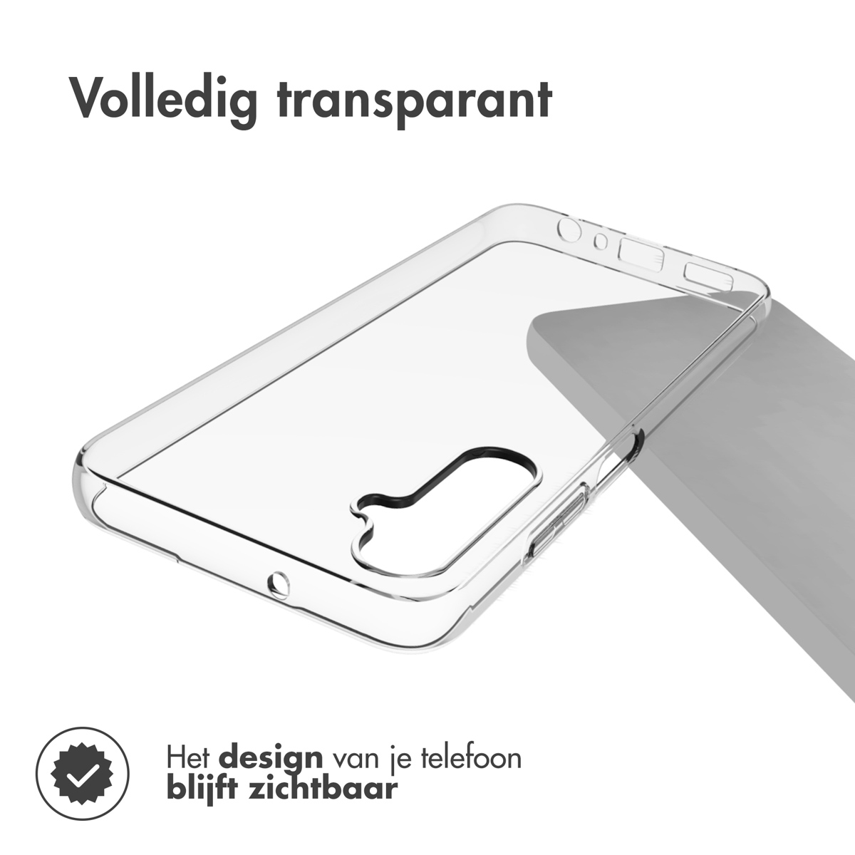 Custodia trasparente per telefono. Telefono visibile attraverso la custodia. Custodia trasparente per telefono. Vista posteriore e laterale. Il telefono è all'interno.