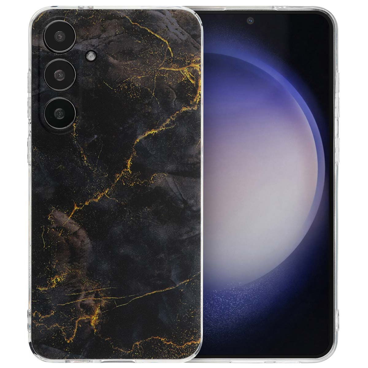 Coque de téléphone en marbre noir avec des lignes dorées. Coque à gauche, téléphone à droite.