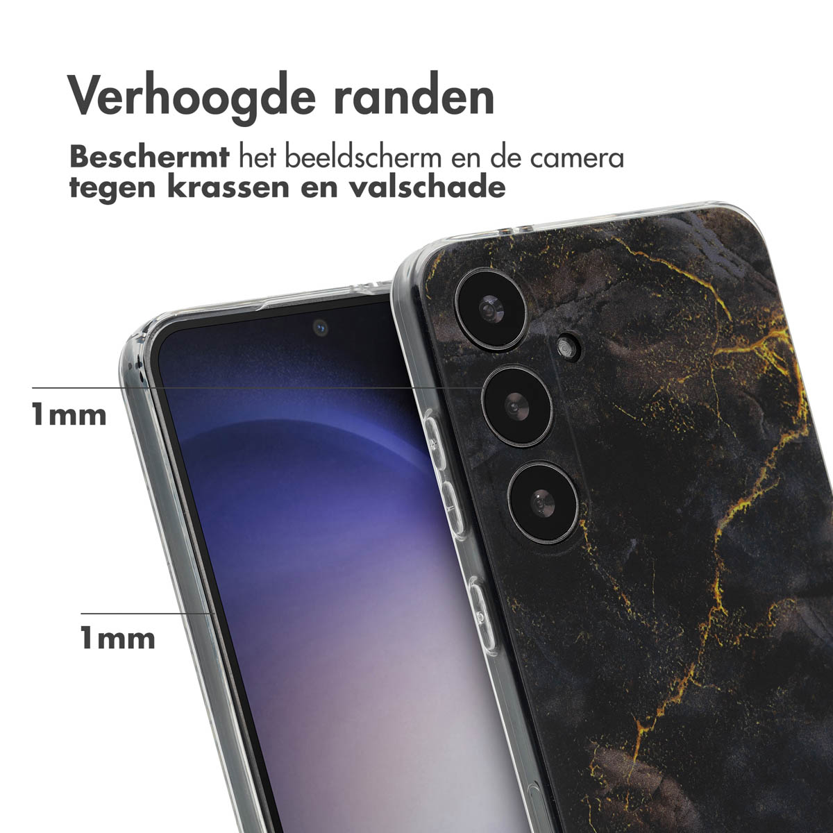 Coque de téléphone avec design marbre, bords surélevés, protégeant l'écran et la caméra.
