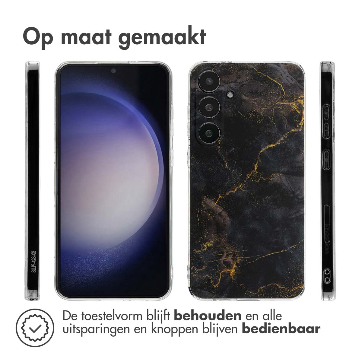 Coque de téléphone avec un design marbré, avec téléphone à gauche et coque à droite.