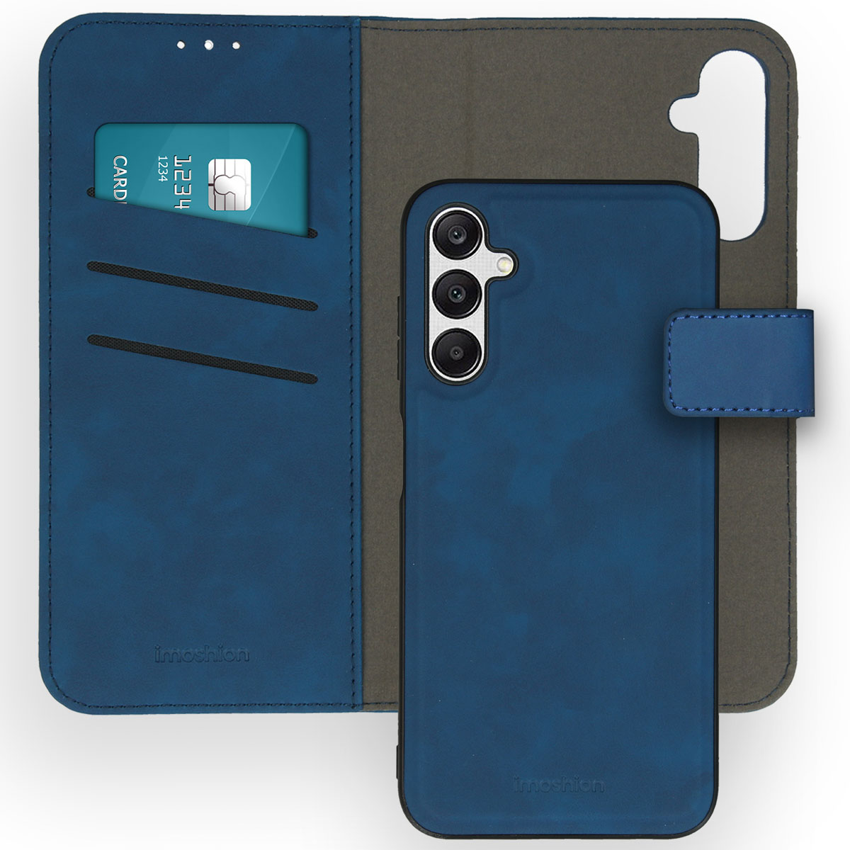 Blauwe telefoonhoes. Open, met een telefoon en creditcard in de portemonnee.