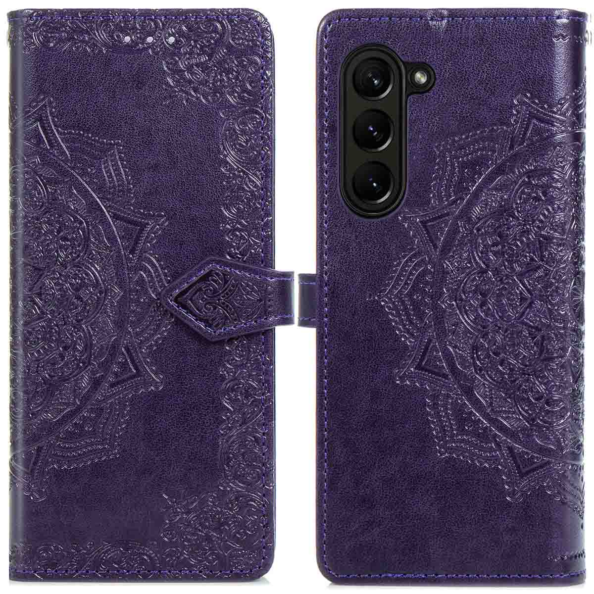 Étui de téléphone en cuir violet avec un motif mandala. Il est fermé et ouvert, affichant le téléphone.