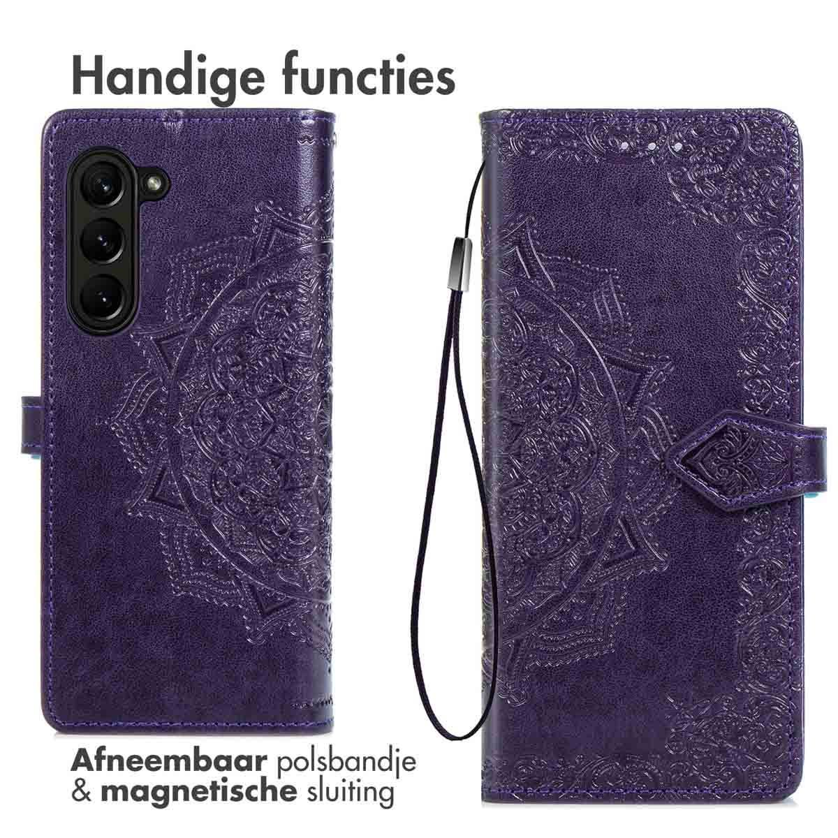 Étui de téléphone violet, avec un motif de mandala. Il a une dragonne amovible et une fermeture magnétique.