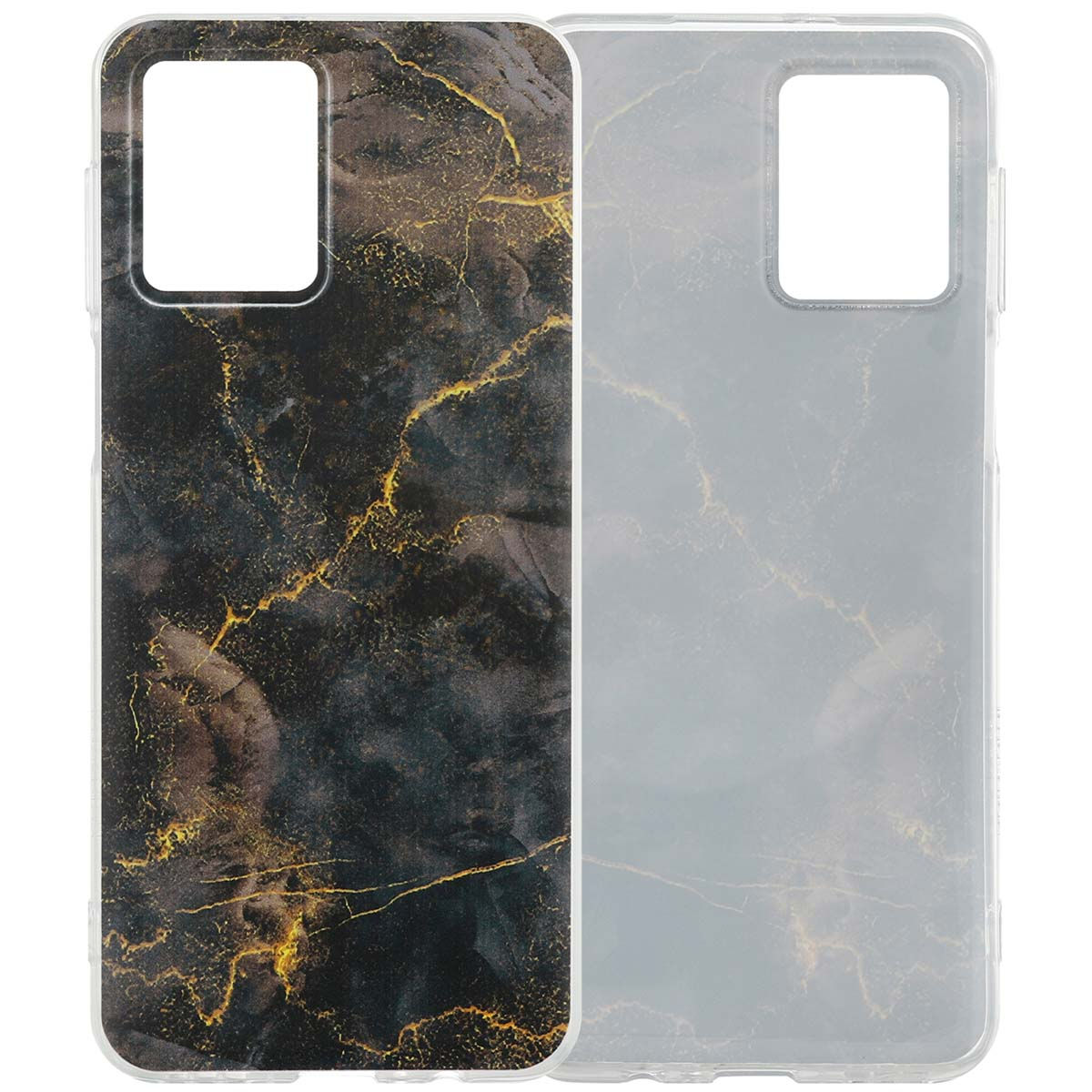 Een telefoonhoesje met een zwart-gouden marmer ontwerp. De achtergrond is wit.