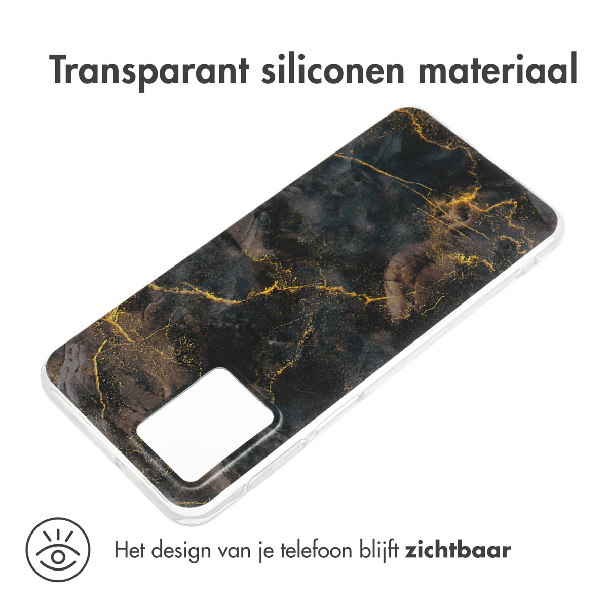 Transparante telefoonhoes met marmerdesign. Toont telefoondesign door transparant siliconen materiaal.