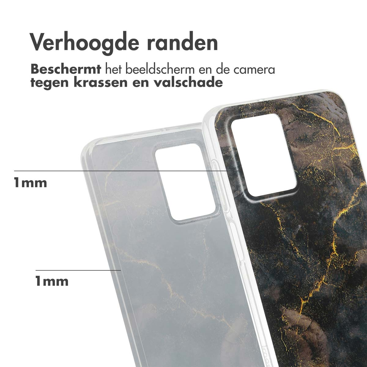 Twee telefoonhoesjes, een transparant met goud design, de andere zwart met goud design.