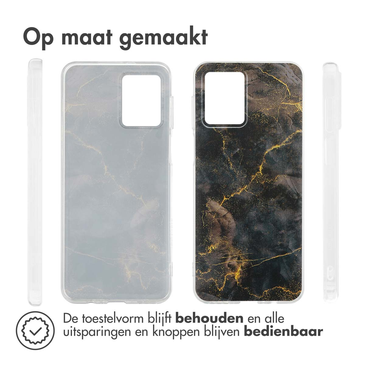 Telefoonhoes met een transparant frame en een zwart-goud ontwerp. Tekst: 'Op maat gemaakt', past op de telefoon.