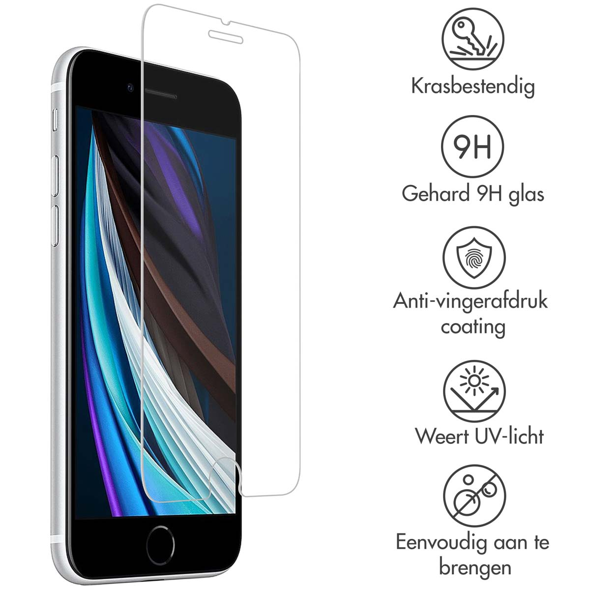 Een telefoon met een schermbeschermer en pictogrammen die beschermingsfuncties aangeven.