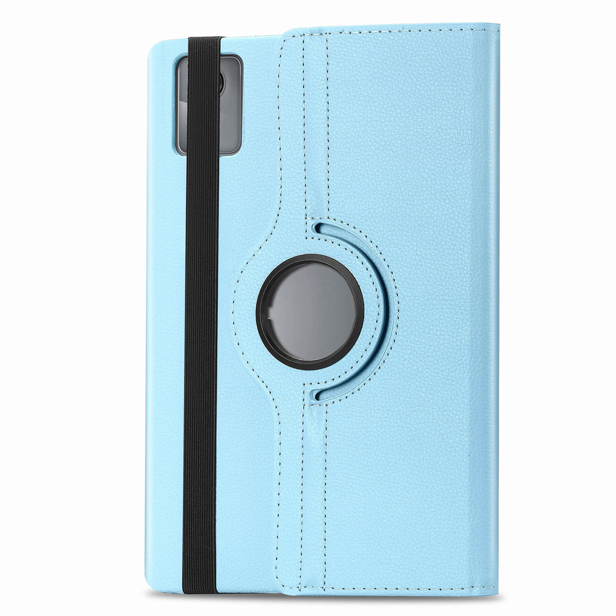 Blauwe telefoonhoes, gesloten, met zwarte elastische band en rond cameragat.