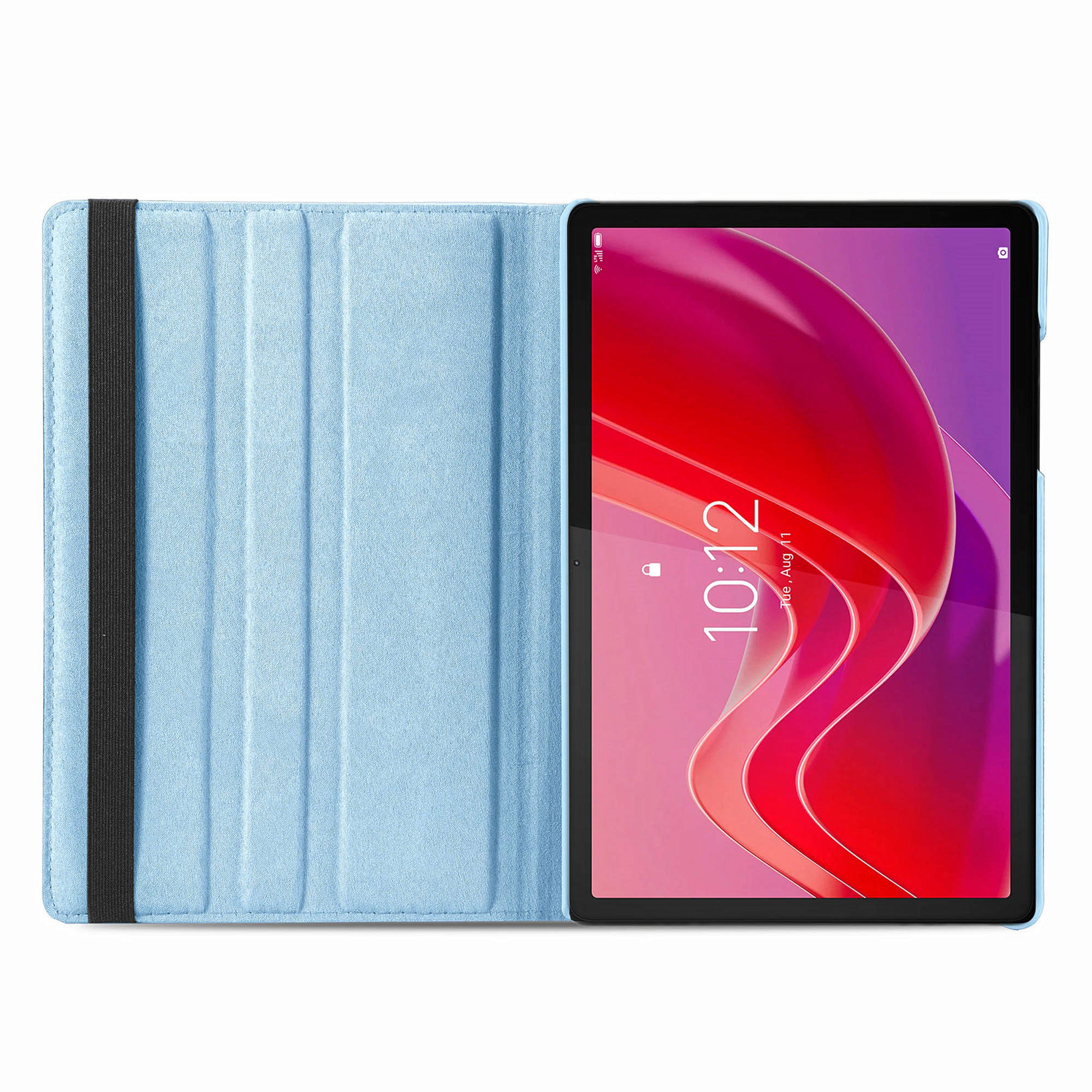 Blauwe tablethoes, tablet open, toont het scherm met de tijd 10:12 en de datum.