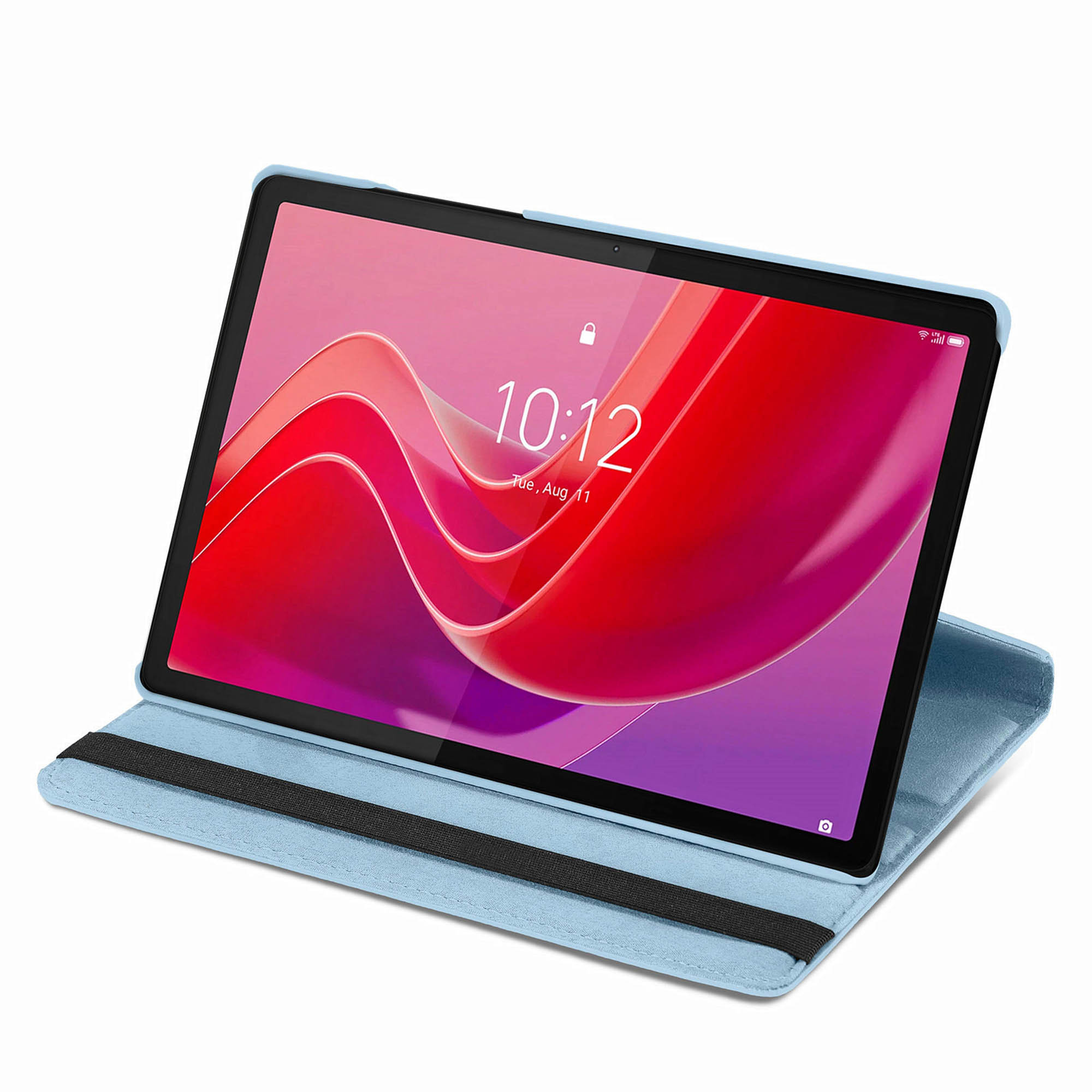 Een lichtblauwe tablethoes met een tablet met een rood en roze ontwerp.