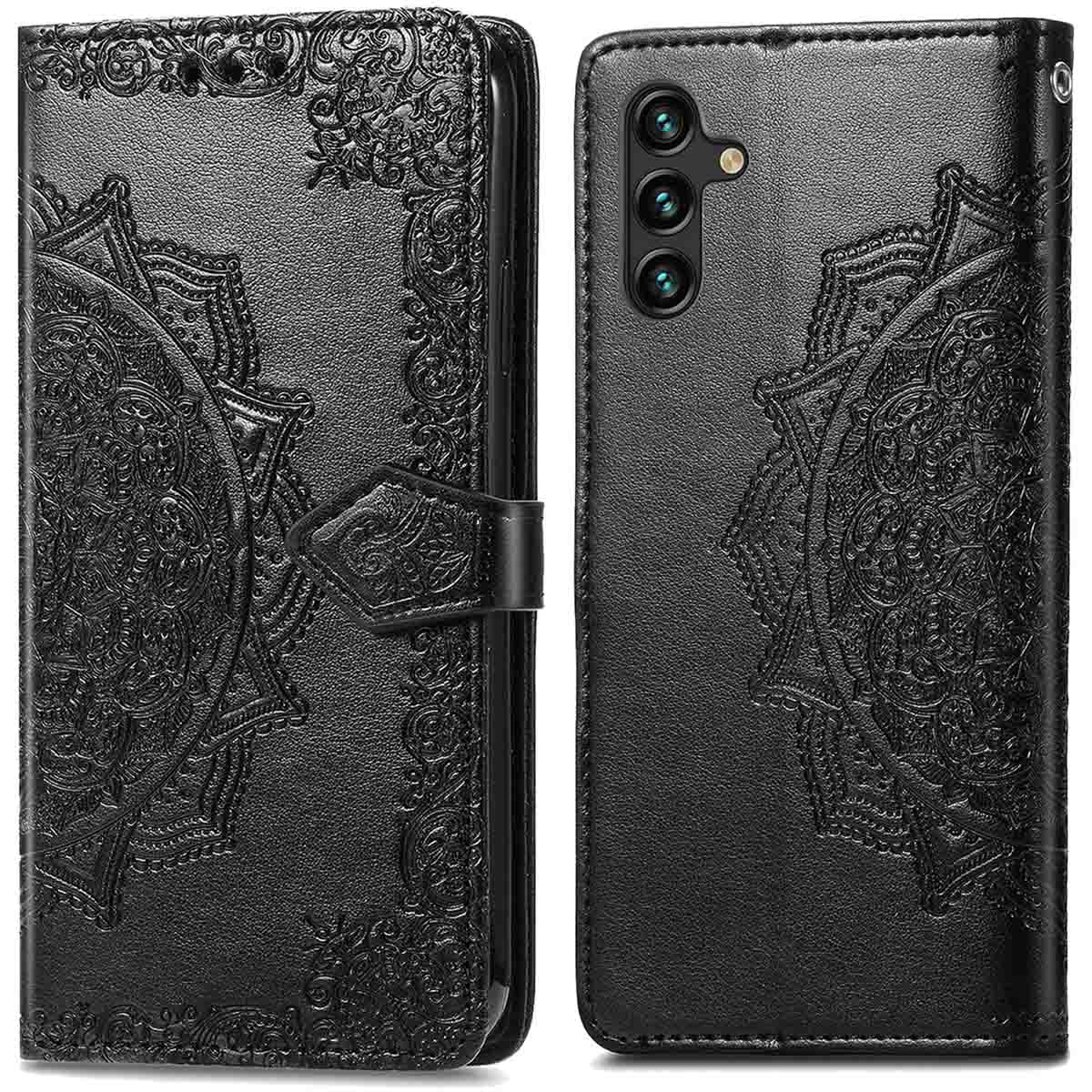 Zwarte telefoonhoes met reliëf bloemenpatroon. Het is een gesloten portemonnee-achtige hoes met magnetische sluiting.