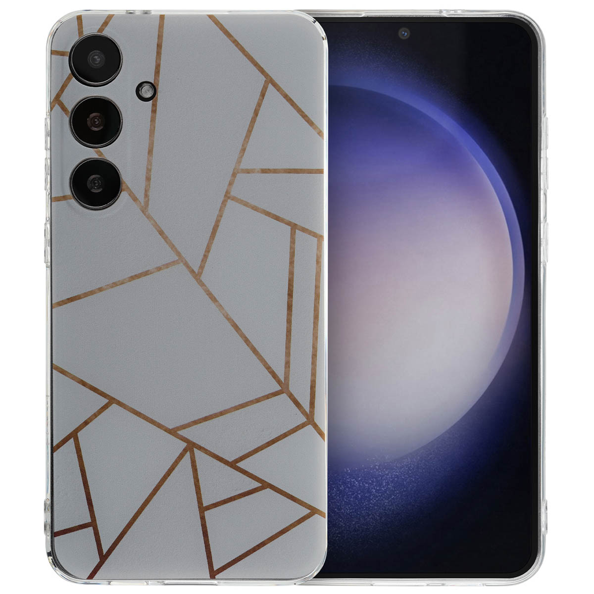 Coque de téléphone transparente avec design géométrique gris et bronze.
