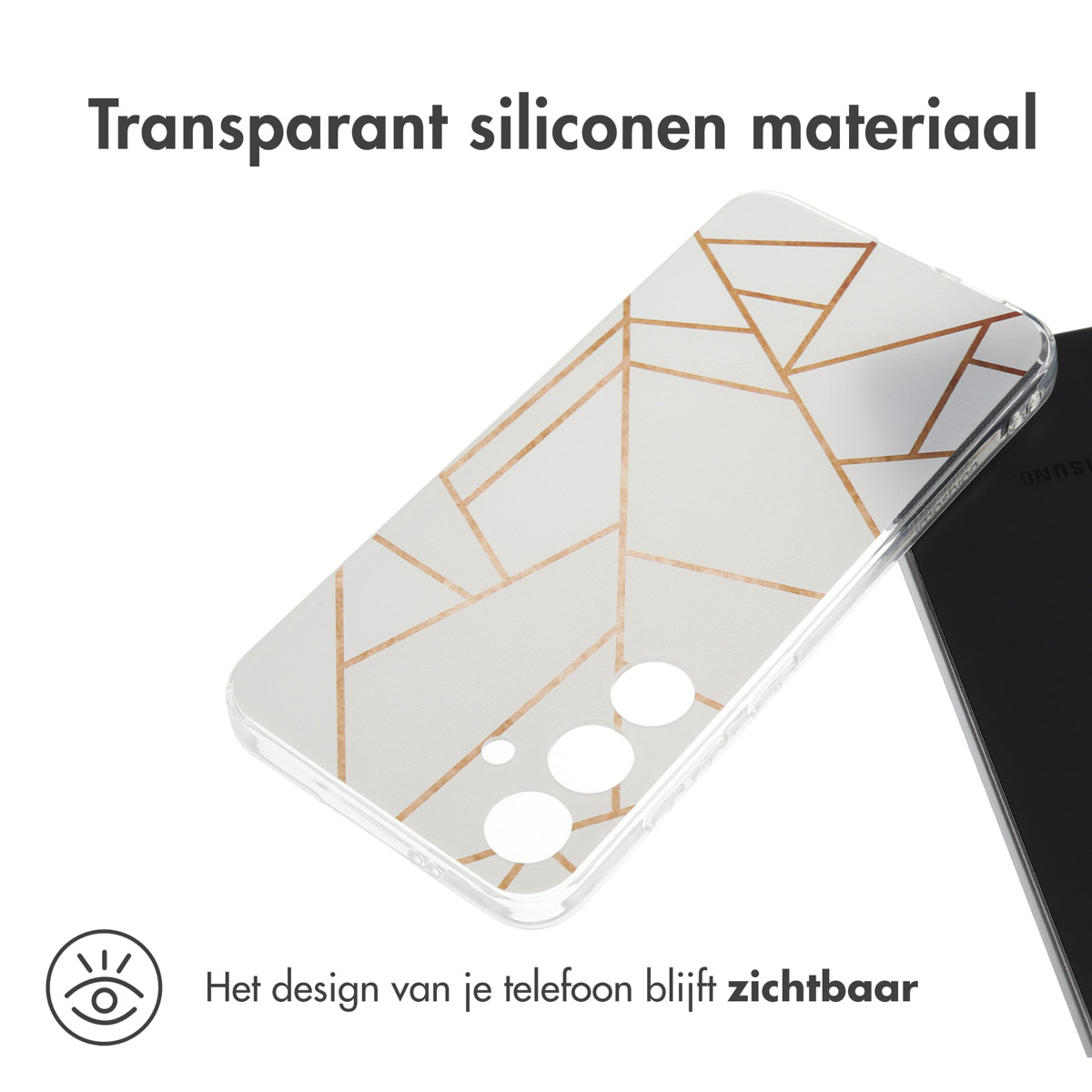 Coque de téléphone transparente avec un motif géométrique blanc et or, sur fond blanc.