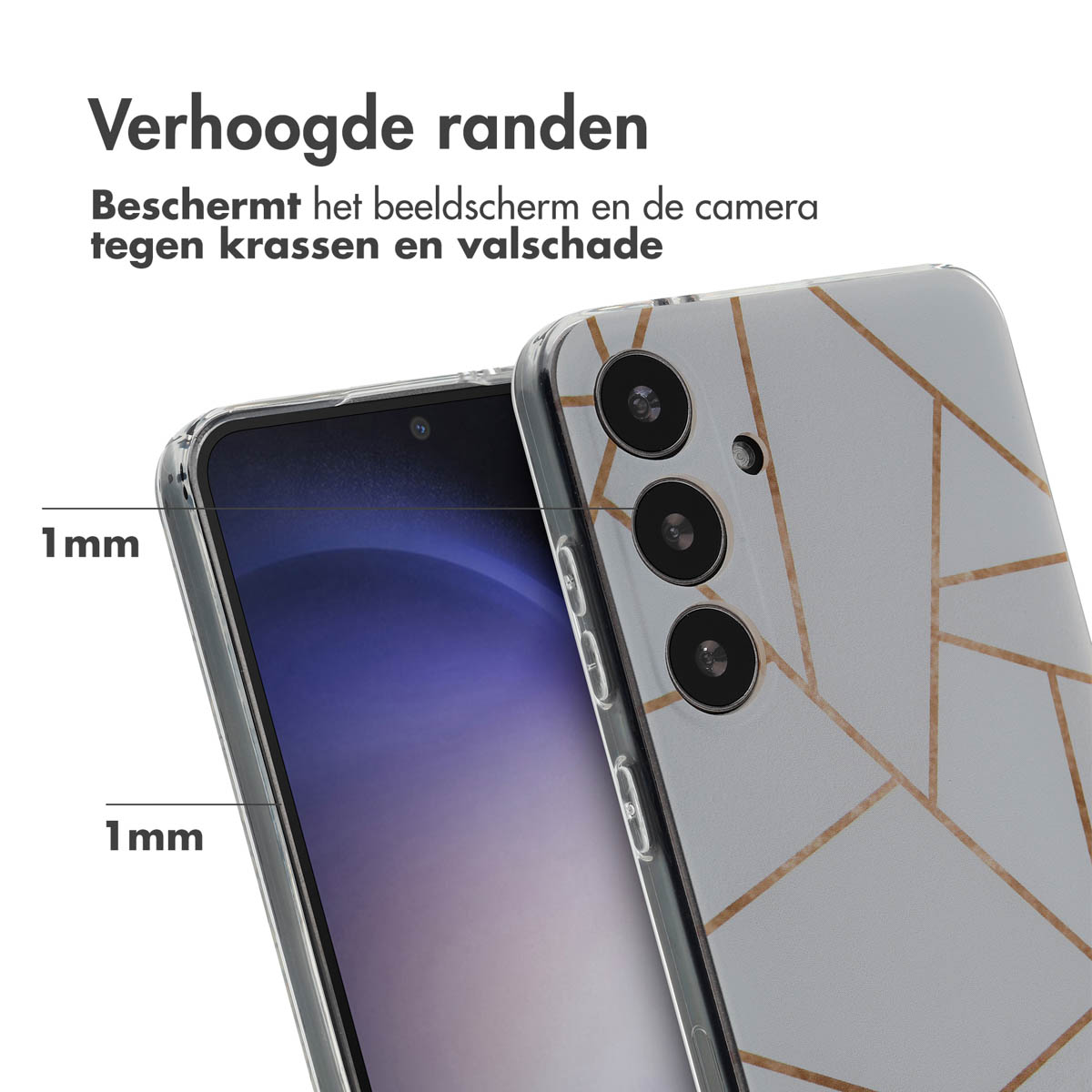 Coque de téléphone sur iPhone. Design marbre gris avec lignes dorées. Bords surélevés pour écran.