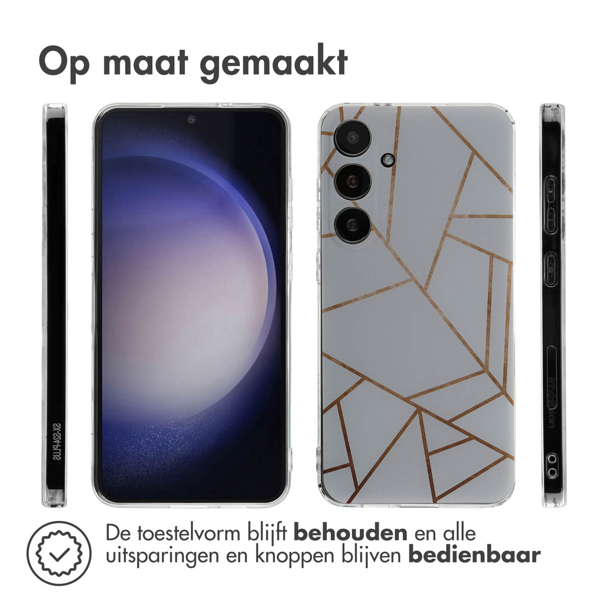 Un téléphone avec une coque avec un design géométrique. Le fond est blanc.