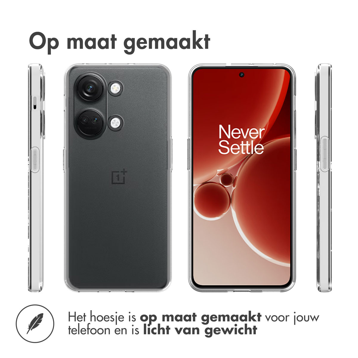Telefoon in een doorzichtige hoes, met een design. Aan de linker- en rechterkant van de telefoon.