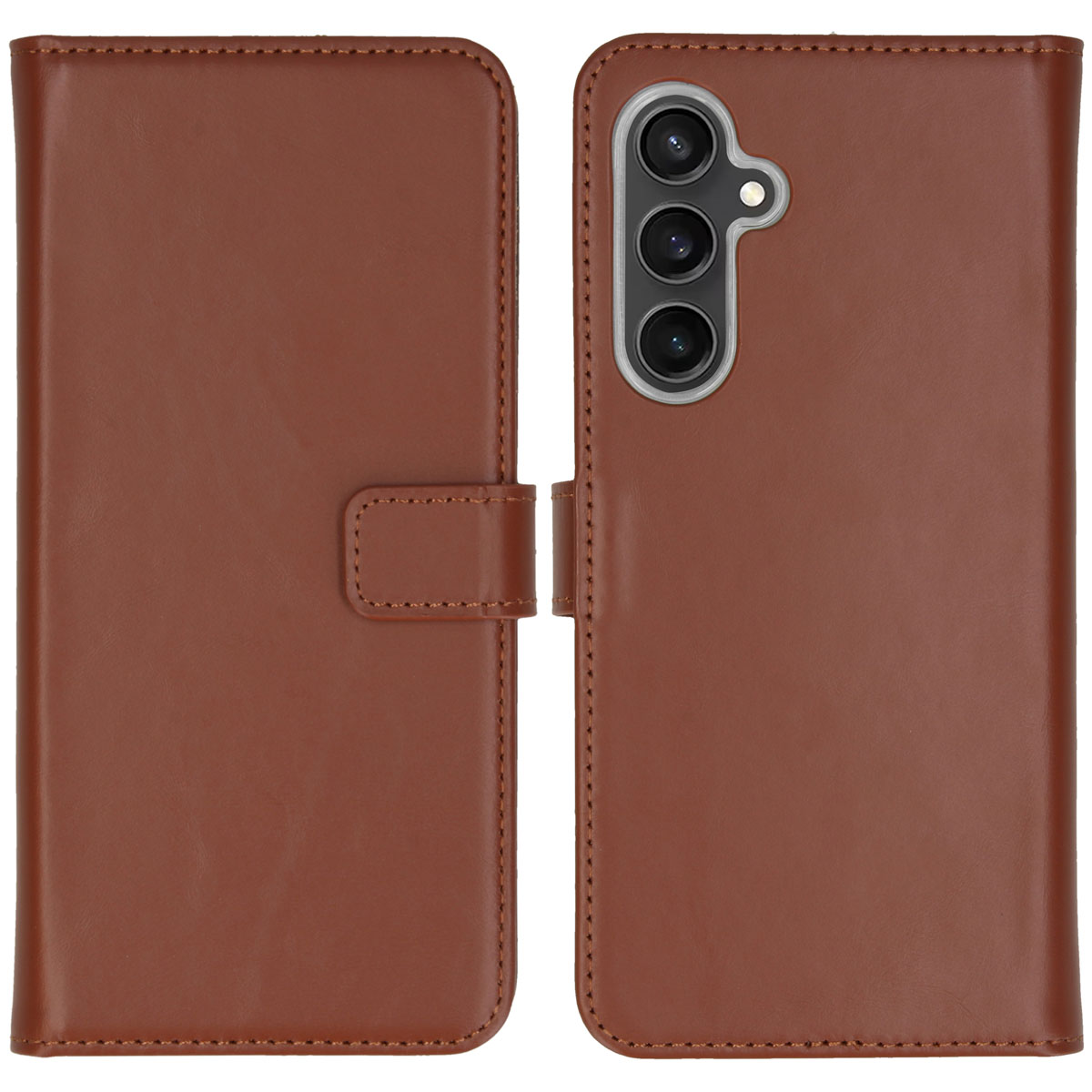 Étui de téléphone en cuir marron, ouvert pour révéler un téléphone avec caméra et boutons.