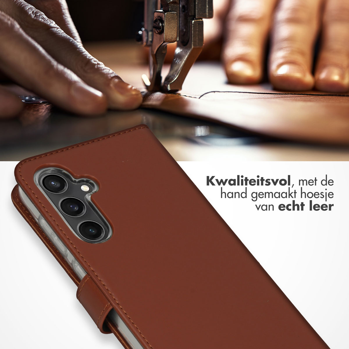 Un téléphone dans un étui en cuir marron, avec une machine à coudre en arrière-plan.